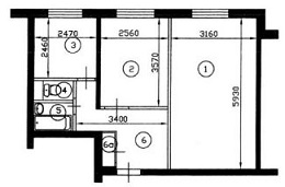 План двухкомнатной квартиры серии II-49 до перепланировки