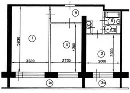 План двухкомнатной квартиры серии II-68 до перепланировки